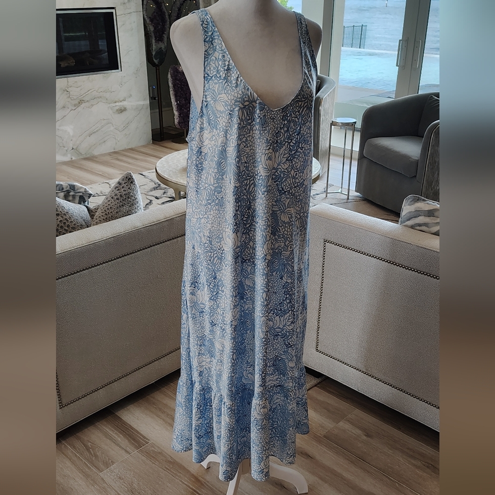 Soft Comfortable Blue Floral Women's Sleep Dress Pajamas Nightgown With Pockets